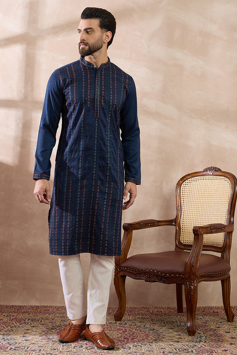 Navy Blue Silk Blend Embroidered Mandarin Collar Straight Kurta MKU2040