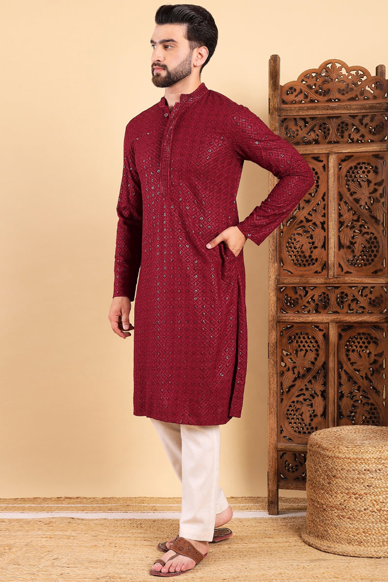 Maroon Viscose Rayon Solid Embroidered Straight Kurta For Men MKU1007MRN