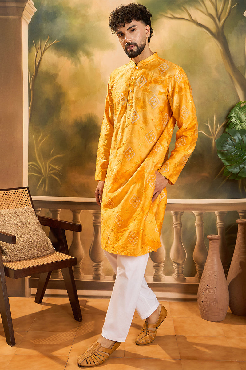 Orange Silk Blend Batik Embroidered Straight Kurta with Trouser MKSET1466