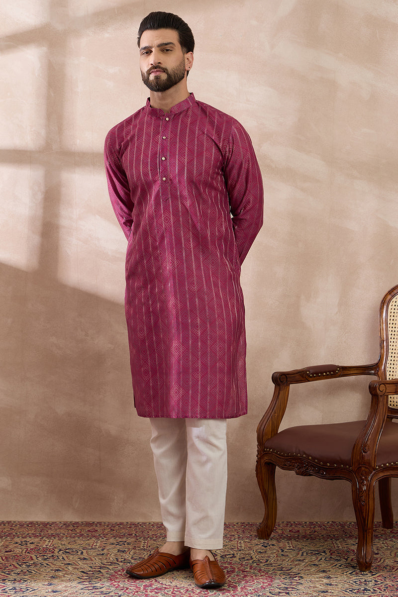 Pink Silk Blend Printed Mandarin Collar Straight Kurta MKU2114