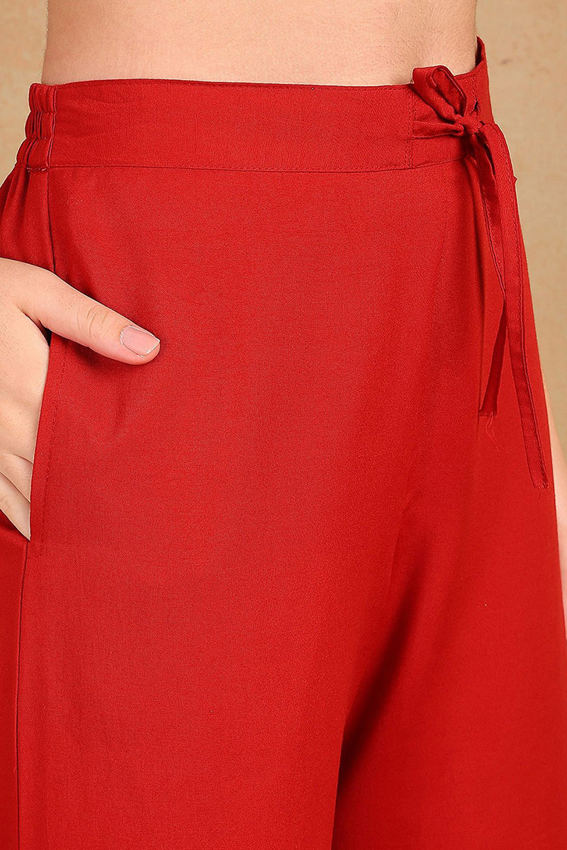 Red Silk Blend Embroidered A-Line Kurta Trouser With Dupatta HOPPKSKD2535RED