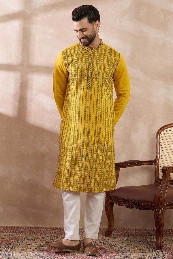 Yellow Silk Blend Embroidered Mandarin Collar Straight Kurta MKU2039
