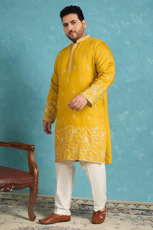 Yellow Silk Blend Solid Thread Work Embroidered Kurta MKU1314