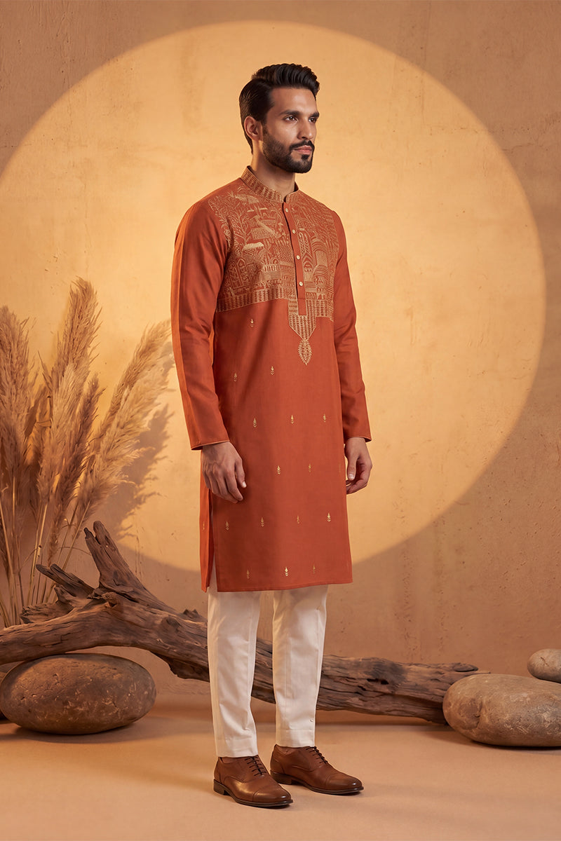 Orange Silk Blend Solid Emboidered Straight Kurta With Trouser MKSET2372