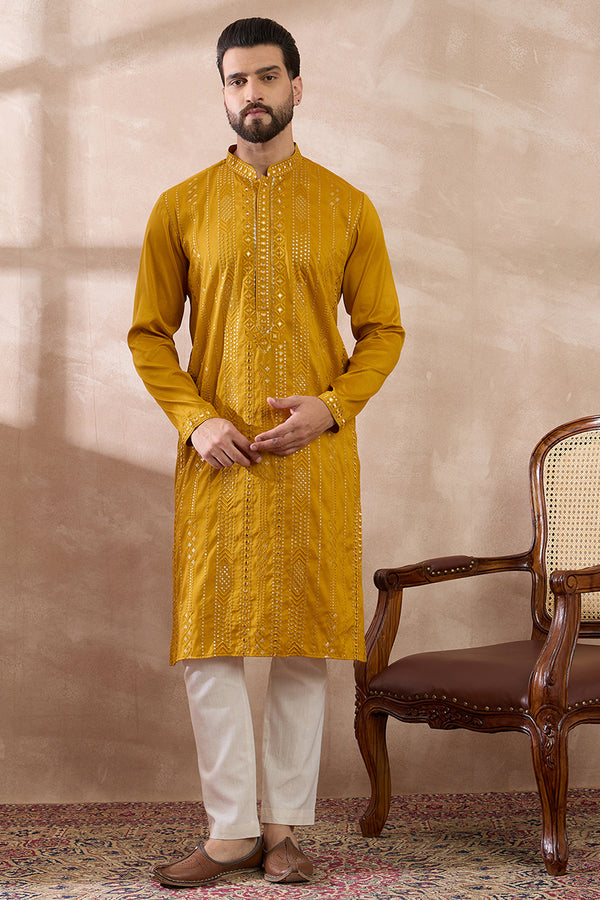 Mustard Silk Blend Embroidered Mandarin Collar Straight Kurta With Trouser MKSET1888