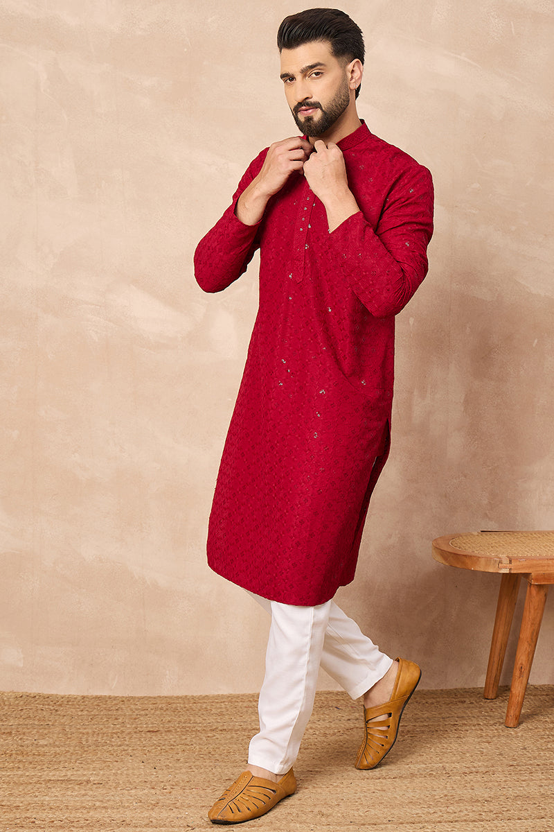 Maroon Viscose Rayon Solid Embroidered Straight Kurta MKU1226