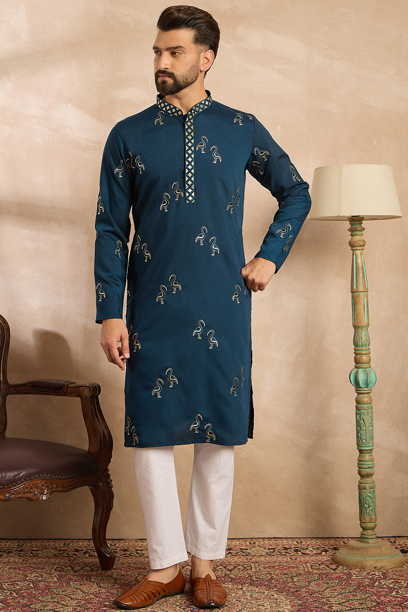 Navy Blue Silk Blend Solid Embroidered Straight Kurta With Trouser MKSET1816