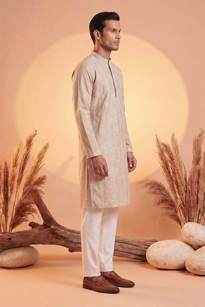 Beige Silk Blend Solid Embroidered Kurta With Trousers MKSET2089