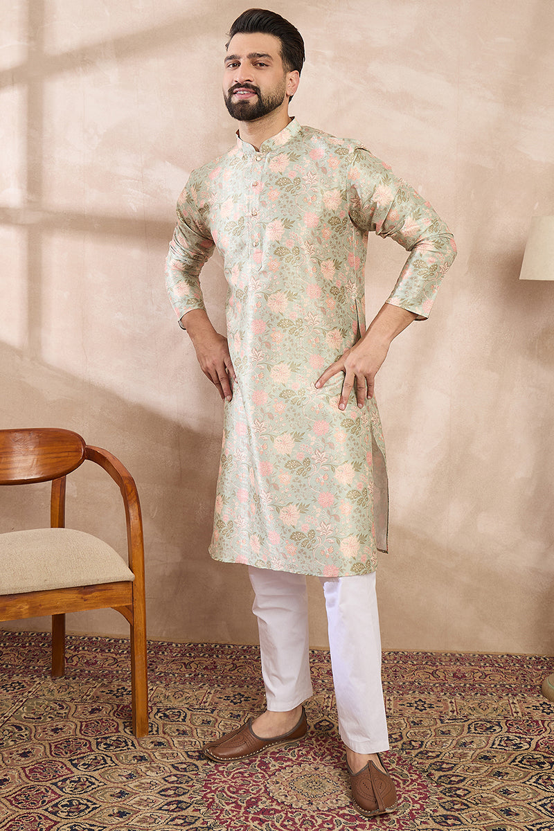 Green Silk Blend Floral Printed Straight Kurta With Trouser MKSET1968
