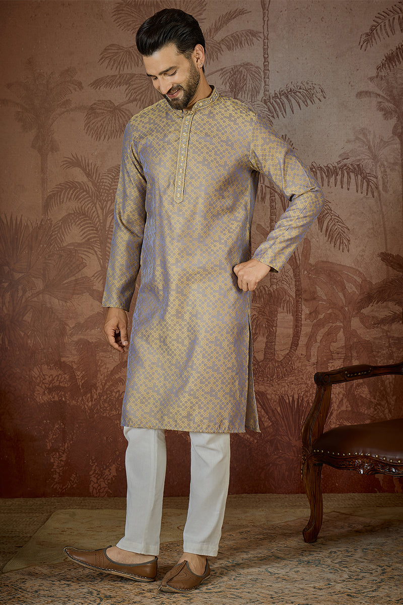 Grey Jacquard Geometric Embroidered Kurta MKU2548