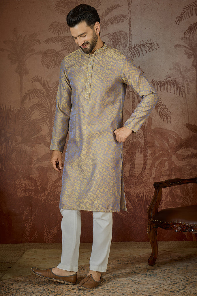 Grey Jacquard Geometric Embroidered Kurta MKU2548