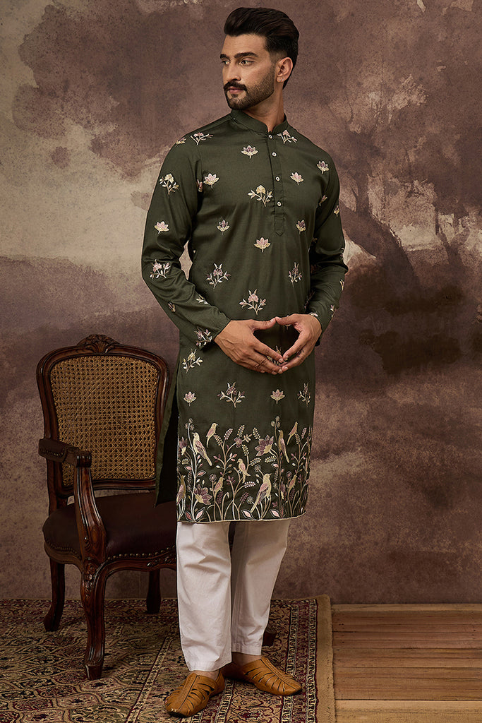 Green Silk Blend Solid Embroidered Straight Kurta MKU1338