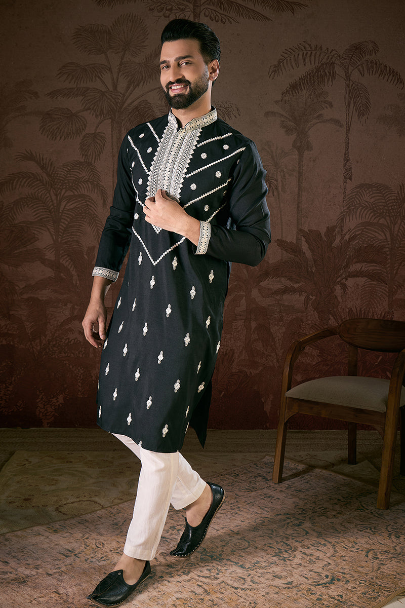Black Silk Blend Solid Embroidered Straight Kurta With Trouser MKSET1886