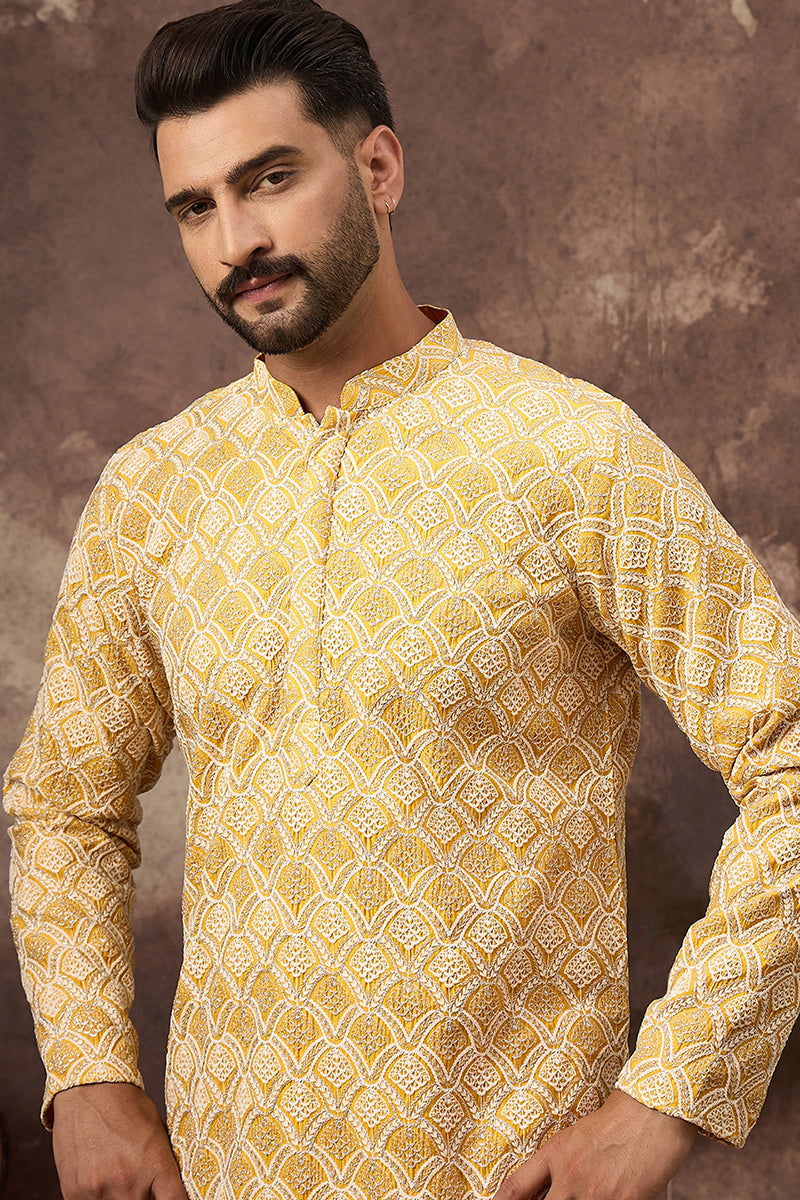 Yellow Viscose Rayon Solid Embroidered Straight Kurta with Trouser MKSET1385