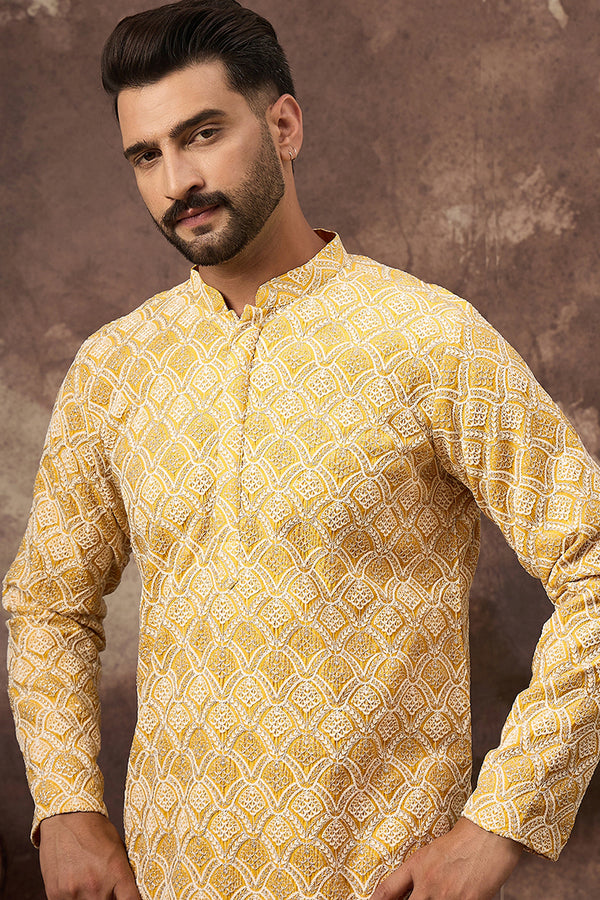 Yellow Viscose Rayon Solid Embroidered Straight Kurta with Trouser MKSET1385