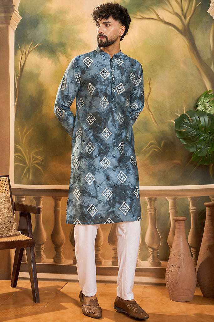 Blue Silk Blend Batik Embroidered Straight Kurta with Trouser MKSET1465