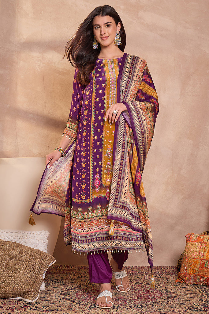Purple Viscose Rayon Embroidered Kurta Trouser With Dupatta  HPKSKD2805