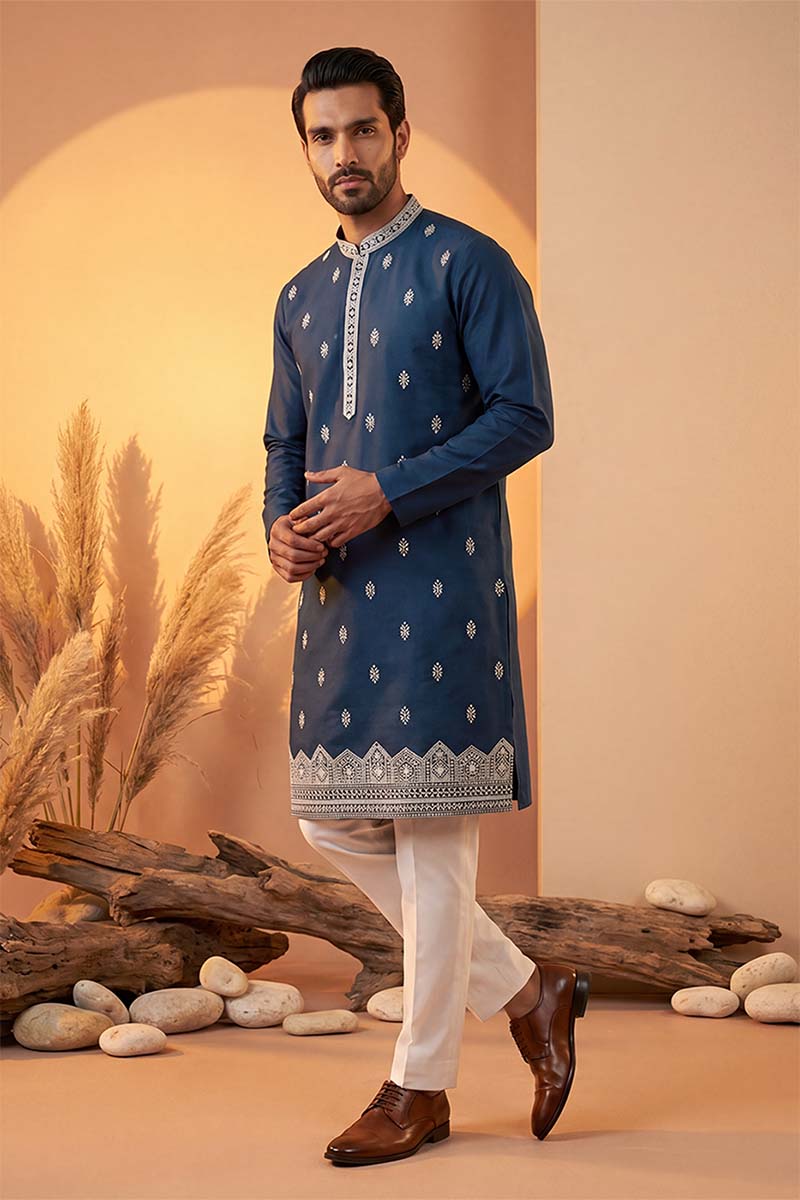 Silk Blend Blue Solid Embroidered Calf Length Straight Kurta With Trousers MKSET2274