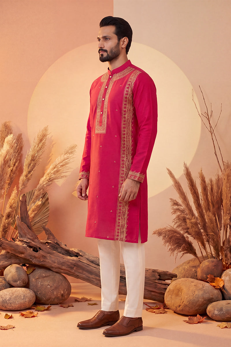 Pink Silk Blend Solid Emboidered Straight Kurta With Trouser MKSET2315