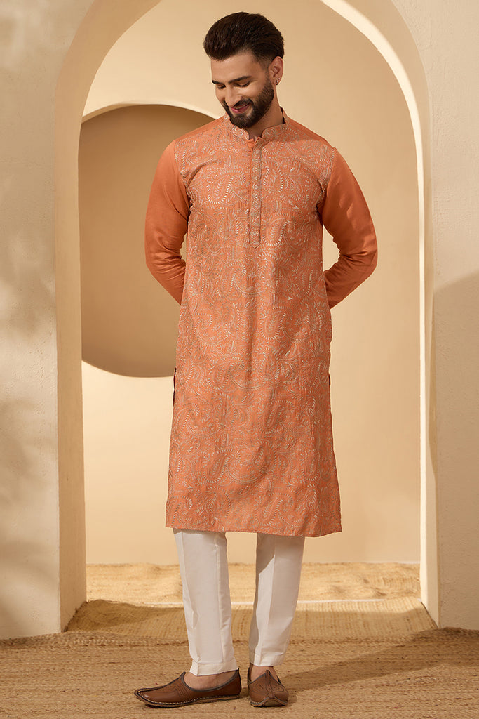 Orange Modal Embroidered Calf Length Straight Regular Kurta MKU2166