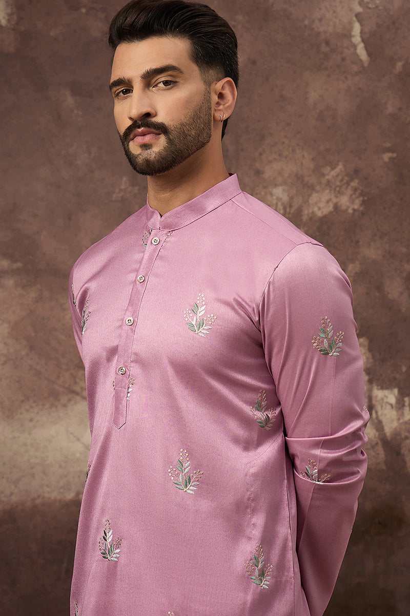 Pink Silk Blend Solid Embroidered Straight Kurta with Trouser MKSET1347