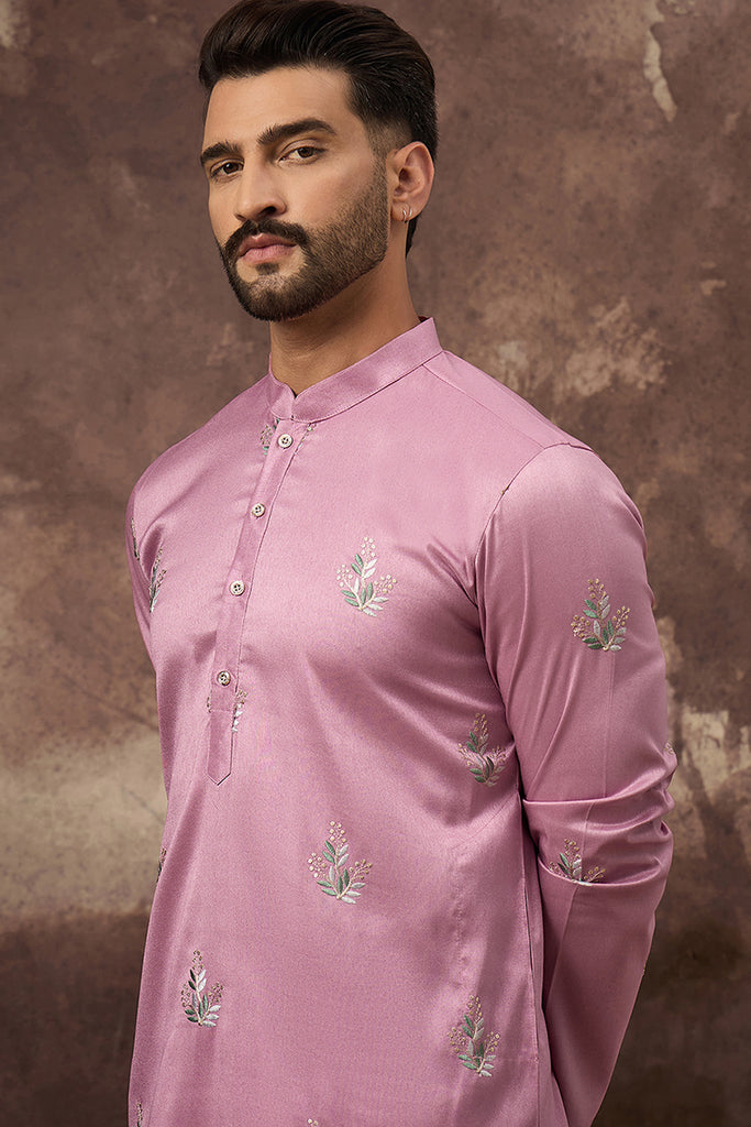 Pink Silk Blend Solid Embroidered Straight Kurta with Trouser MKSET1347