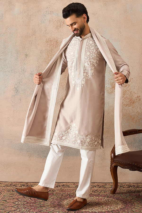Beige Silk Blend Solid Embroidered Kurta With Dupatta MKUD1042