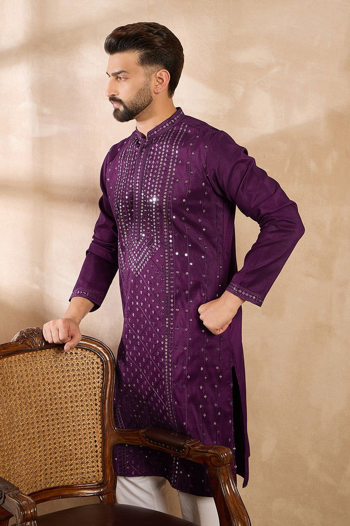 Purple Silk Blend Geometric Embroidered Straight Kurta With Trouser MKSET1687