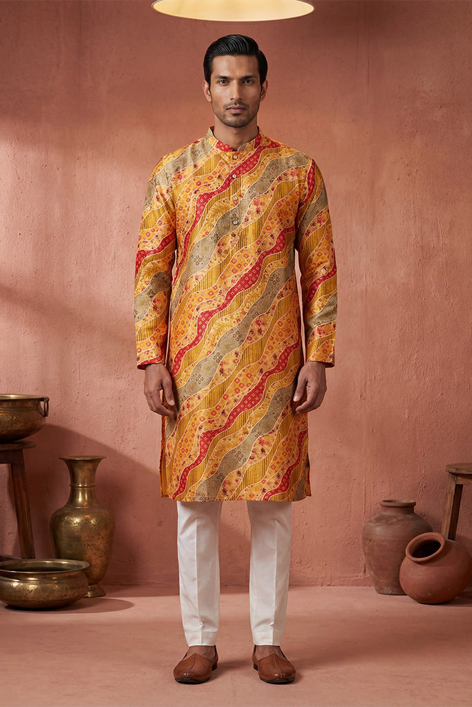 Yellow Silk Blend Printed Straight Kurta MKU2168