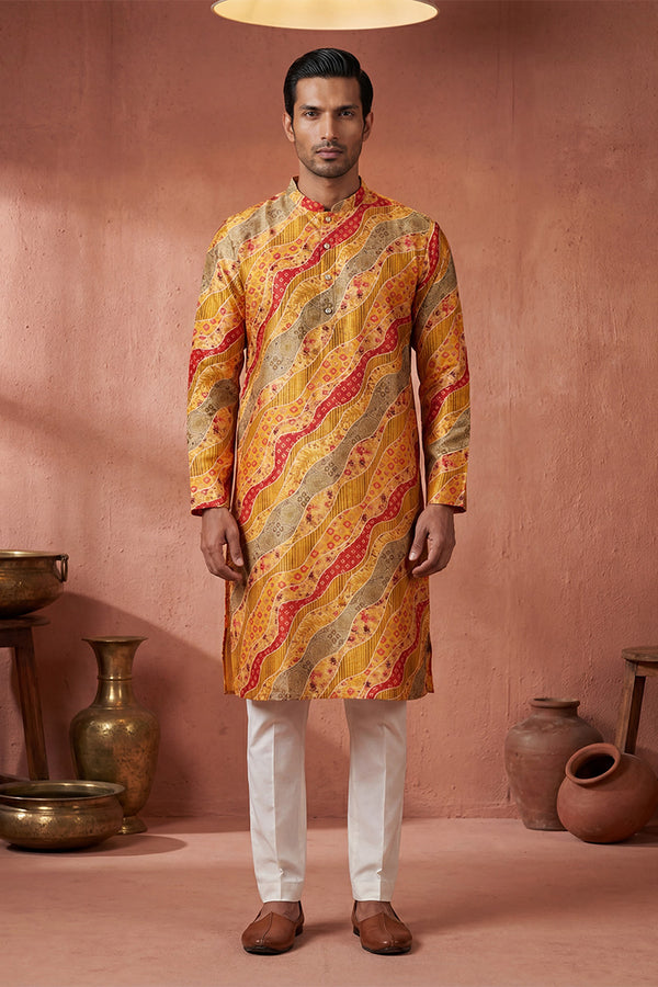 Yellow Silk Blend Printed Straight Kurta MKU2168
