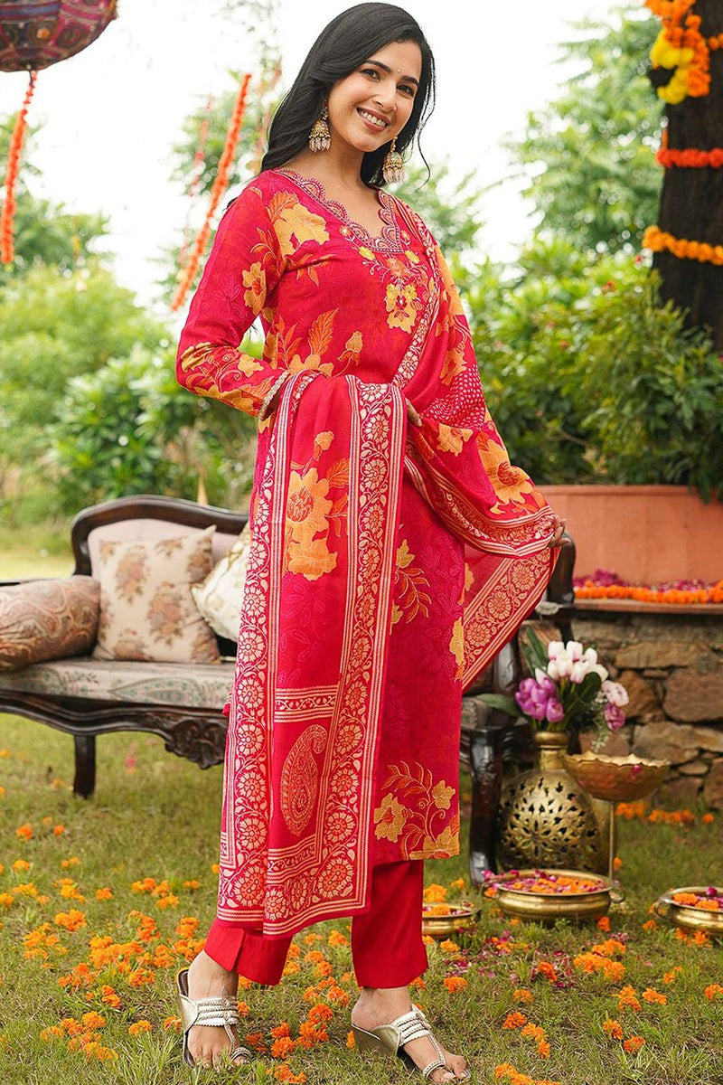 Red Rayon Blend Floral Straight Kurta Trousers With Dupatta PKSKD3051