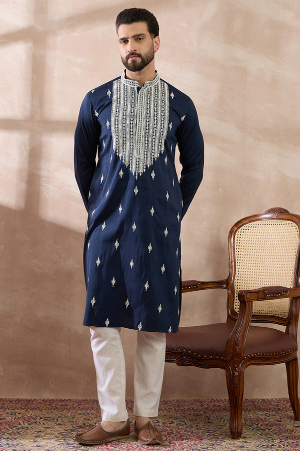 Navy Blue Silk Blend Embroidered Mandarin Collar Straight Kurta With Trouser MKSET1795