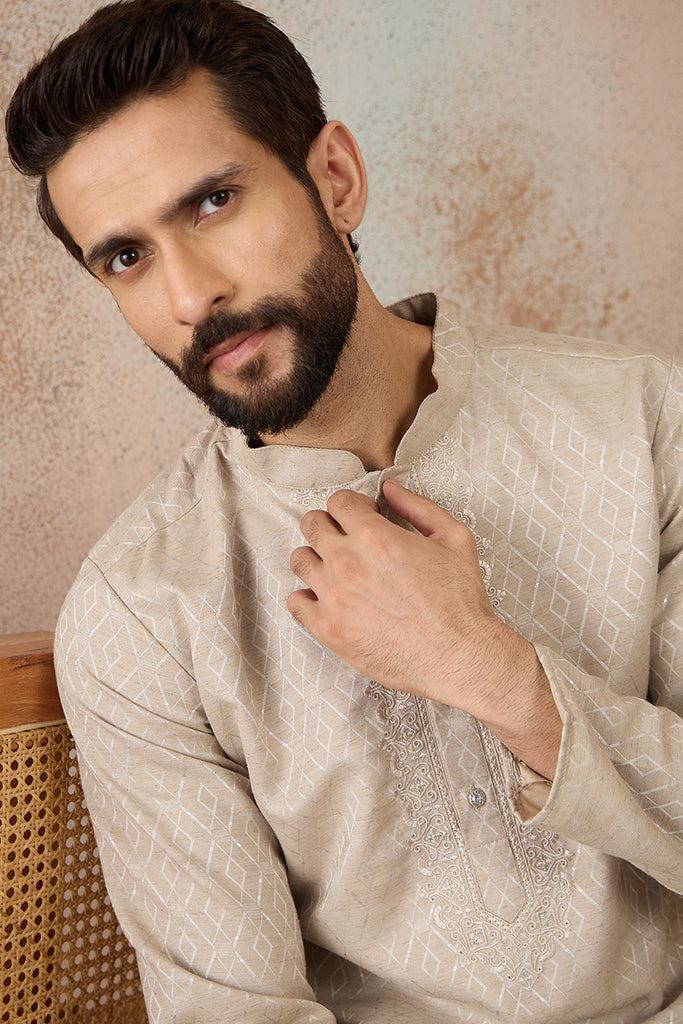 Beige Linen Blend Geometric Woven Design Kurta MKU2364