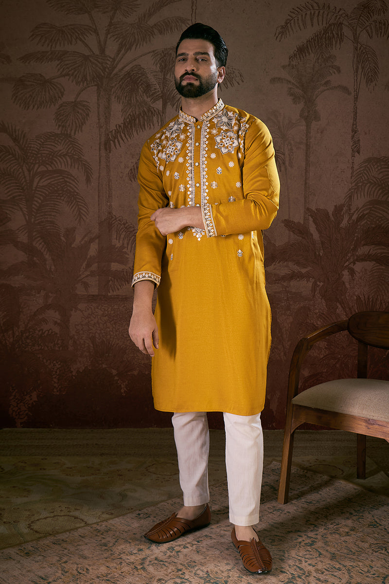 Mustard Silk Blend Solid Embroidered Straight Kurta With Trouser MKSET1796