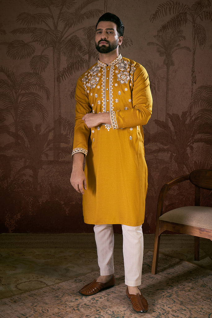 Mustard Silk Blend Solid Embroidered Straight Kurta With Trouser MKSET1796