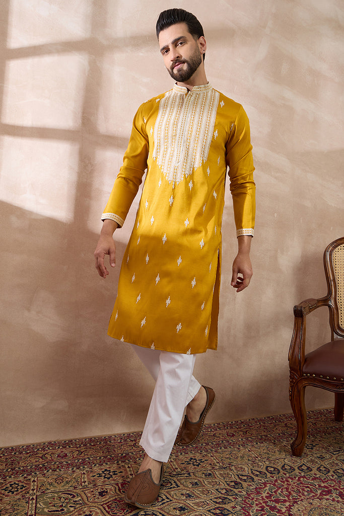 Yellow Silk Blend Embroidered Mandarin Collar Straight Kurta With Trouser MKSET1794