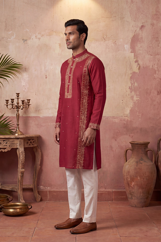Red Silk Blend Solid Emboidered Straight Kurta MKU2314