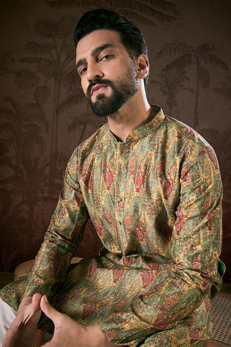 Green Silk Blend Floral Printed Straight Kurta With Trouser MKSET1953