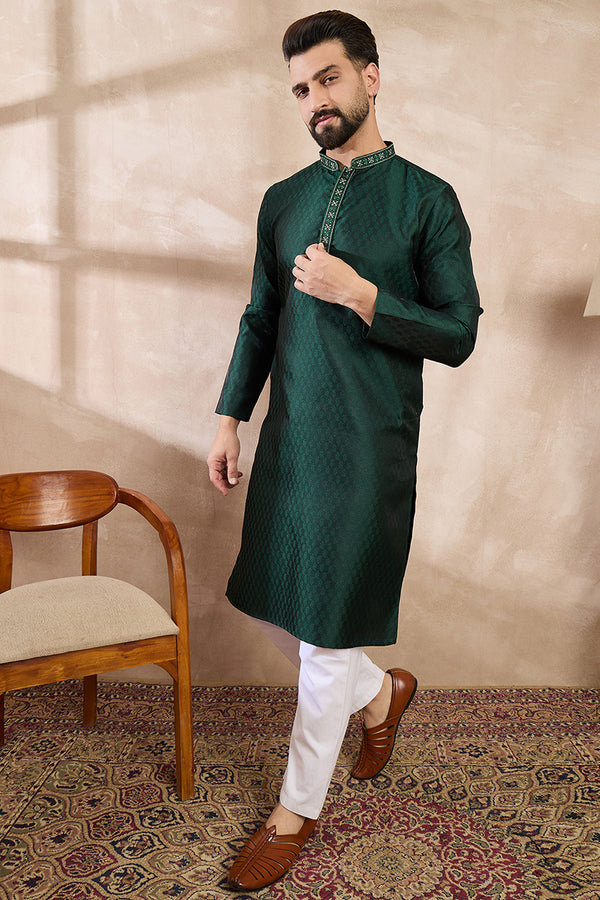 Green Silk Blend Solid Woven Design Straight Kurta With Trouser MKSET1900