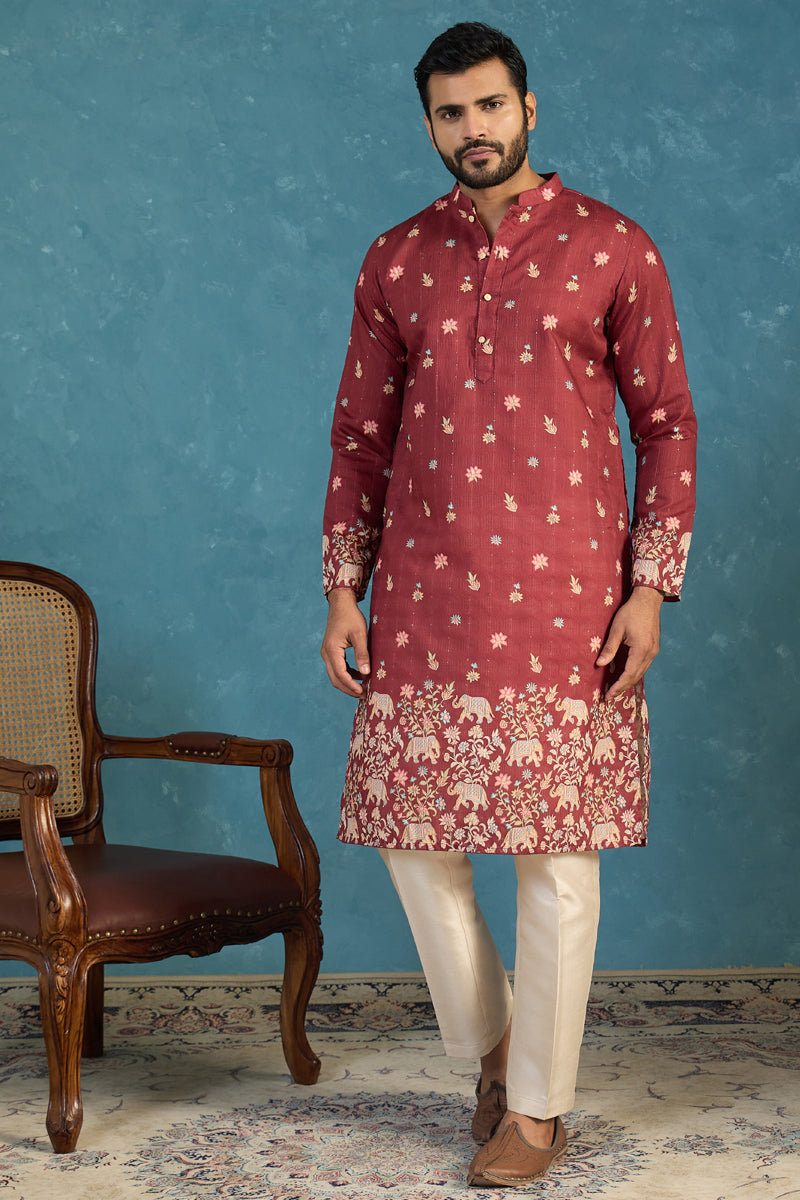 Maroon Silk Blend Woven Design Calf Length Straight Regular Kurta MKU2368