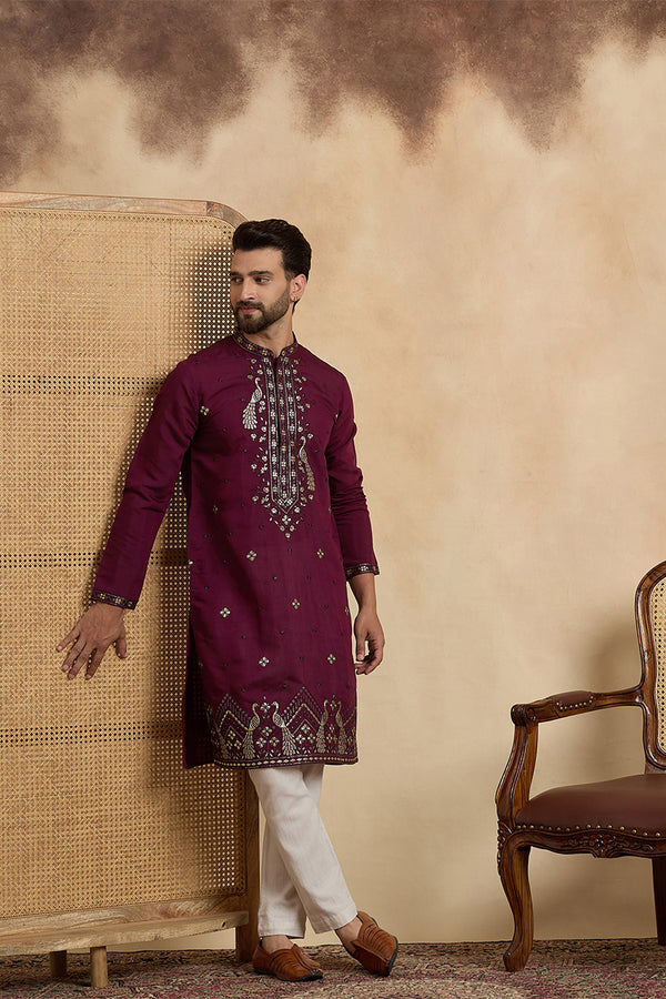 Purple Silk Blend Solid Embroidered Zari Kurta MKU2442