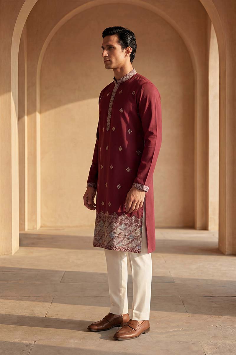 Silk Blend Maroon Solid Embroidered Calf Length Straight Kurta With Trousers MKSET2100