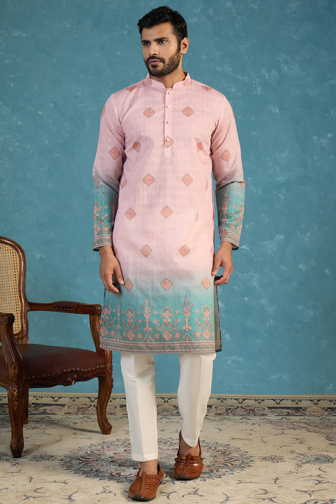 Peach Silk Blend Woven Design Calf Length Straight Regular Kurta MKU2348