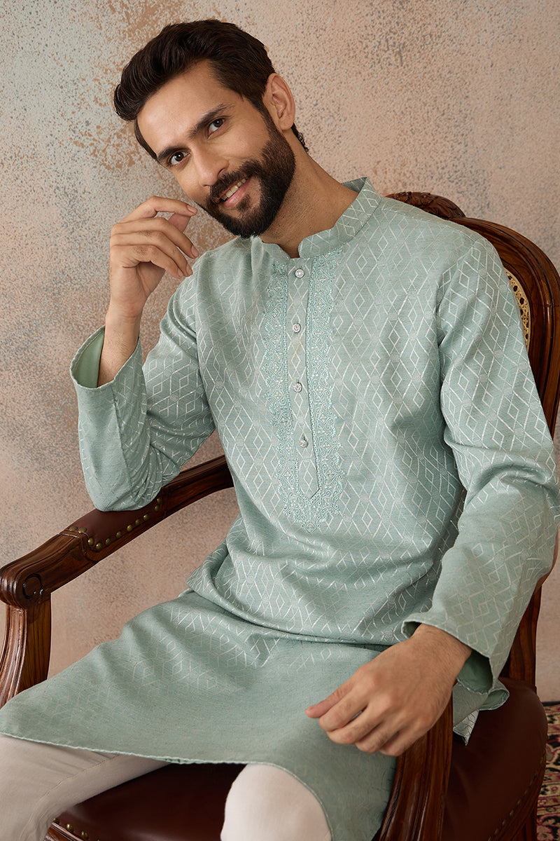 Green Linen Blend Geometric Woven Design Kurta MKU2365