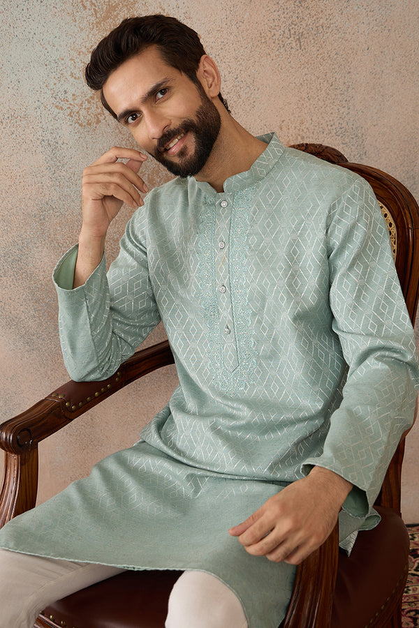 Green Linen Blend Geometric Woven Design Kurta MKU2365