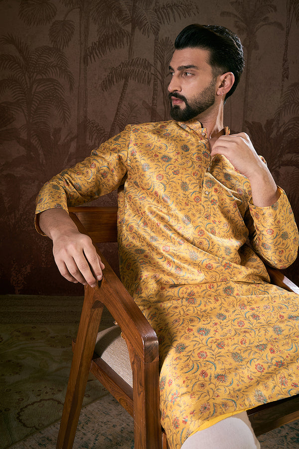 Yellow Silk Blend Floral Printed Straight Kurta With Trouser MKSET1946