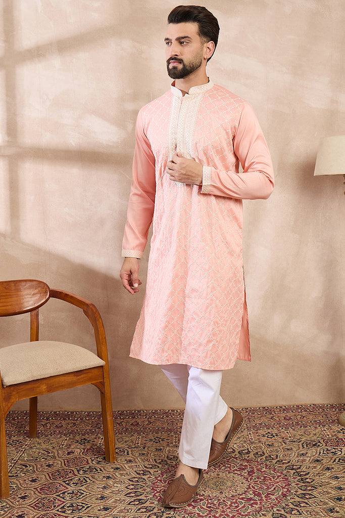Pink Silk Blend Ethnic Motifs Embroidered Straight Kurta With Trouser MKSET1692