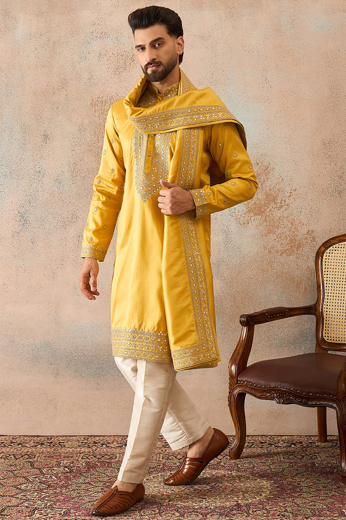 Yellow Silk Blend Solid Embroidered Kurta And Trouser With Dupatta MKPD1026