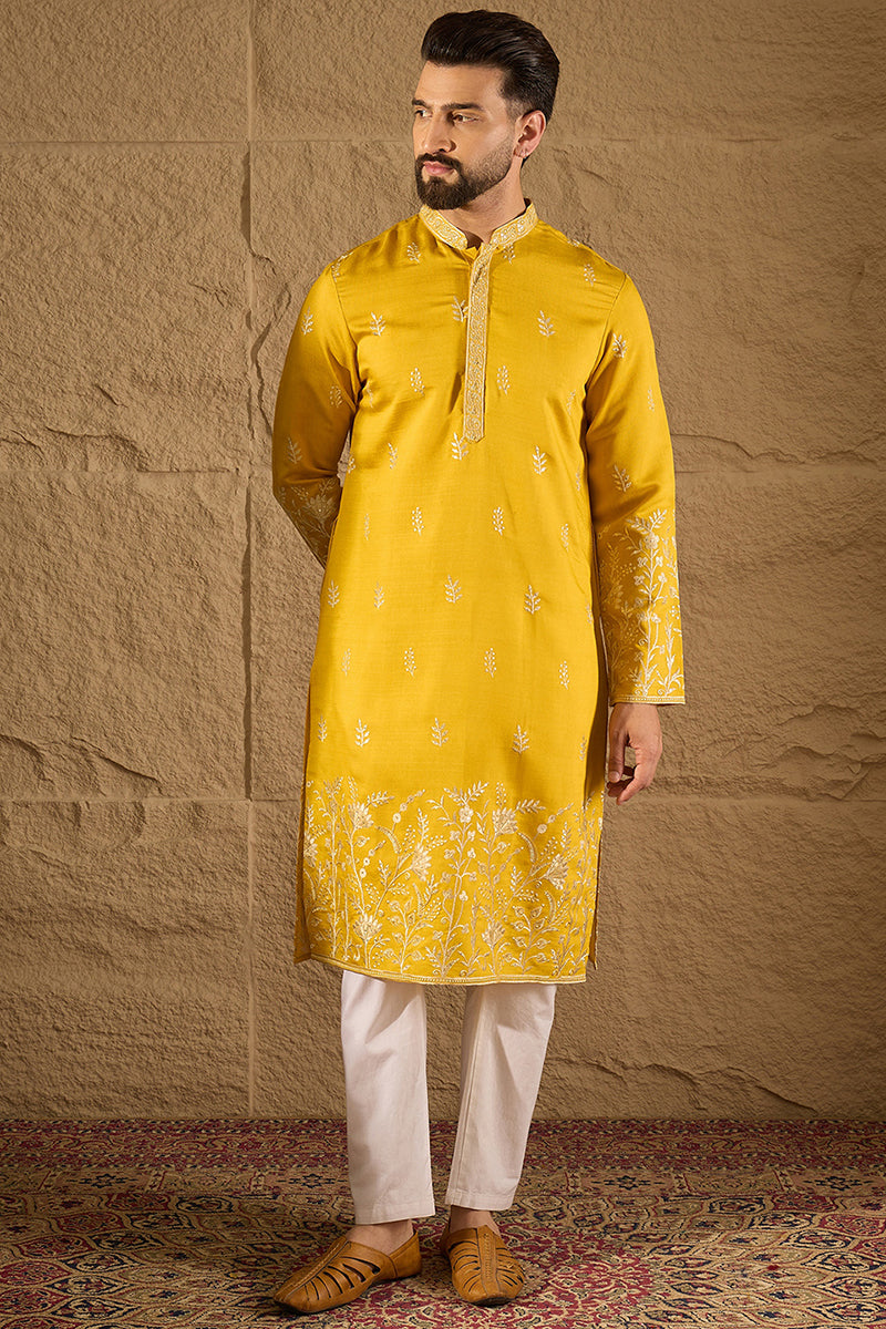 Yellow Verican Solid Embroidered Straight Kurta MKU1314