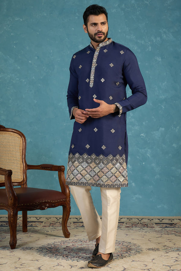 Silk Blend Blue Solid Embroidered Calf Length Straight Kurta With Trousers MKSET2099